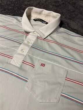TravisMathew Golf Polo Men's XL White Red Blue Stripe Chest Pocket GUC